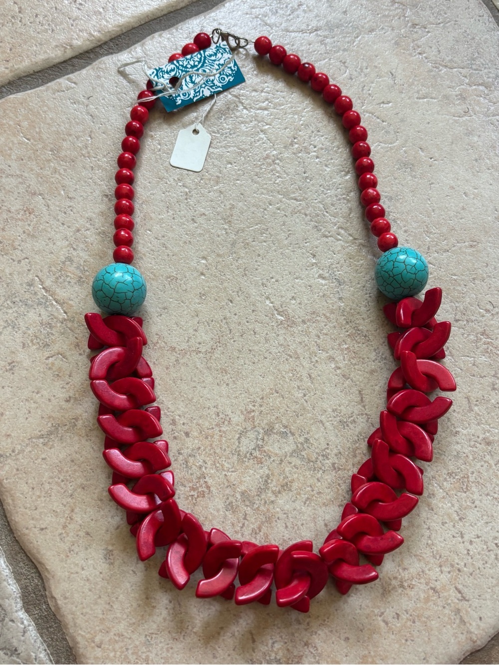 Handmade Red Statement Beaded Necklace with Turquoise Accent
